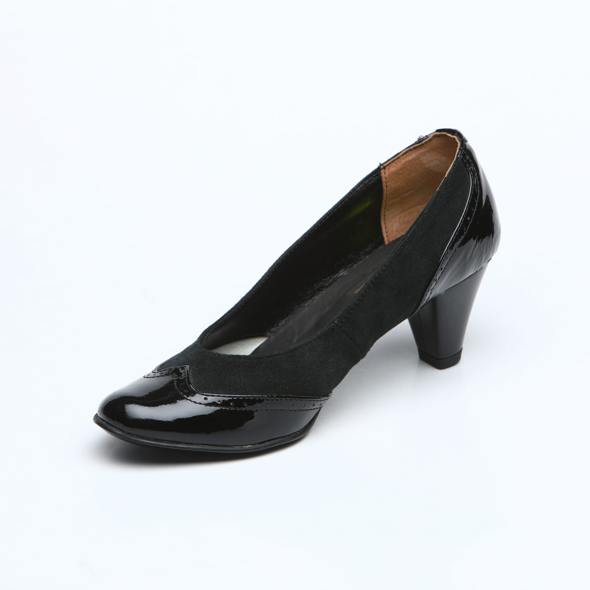 Pantofi damă din piele naturală lăcuită și velur Negri - A144 - imagine 3