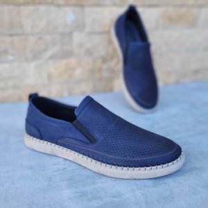 Pantofi perforați bărbați de vară din piele naturală velur bleumarin - B064