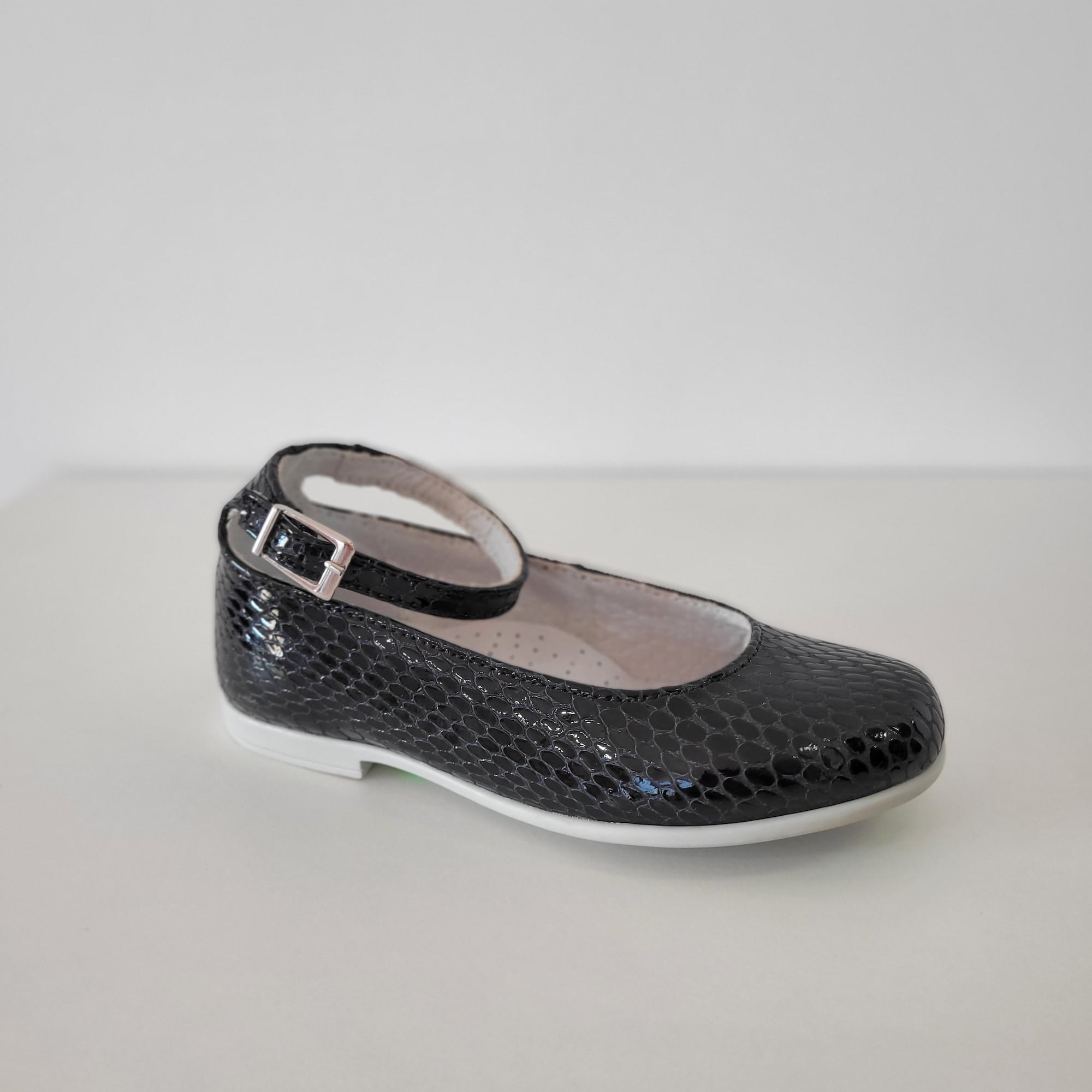 Pantofi balerini fetițe din piele naturală negri croco - C045
