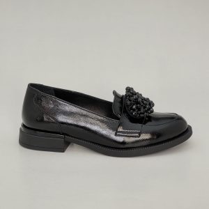Pantofi damă eleganți cu margele lac din piele naturală Negri - A212